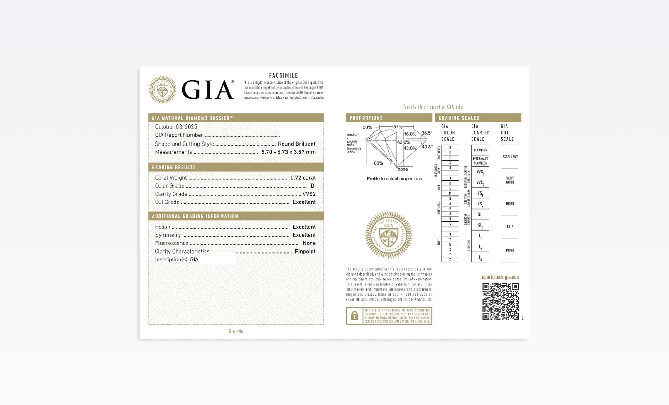 Example GIA natural diamond grading report with proportions and grading scales