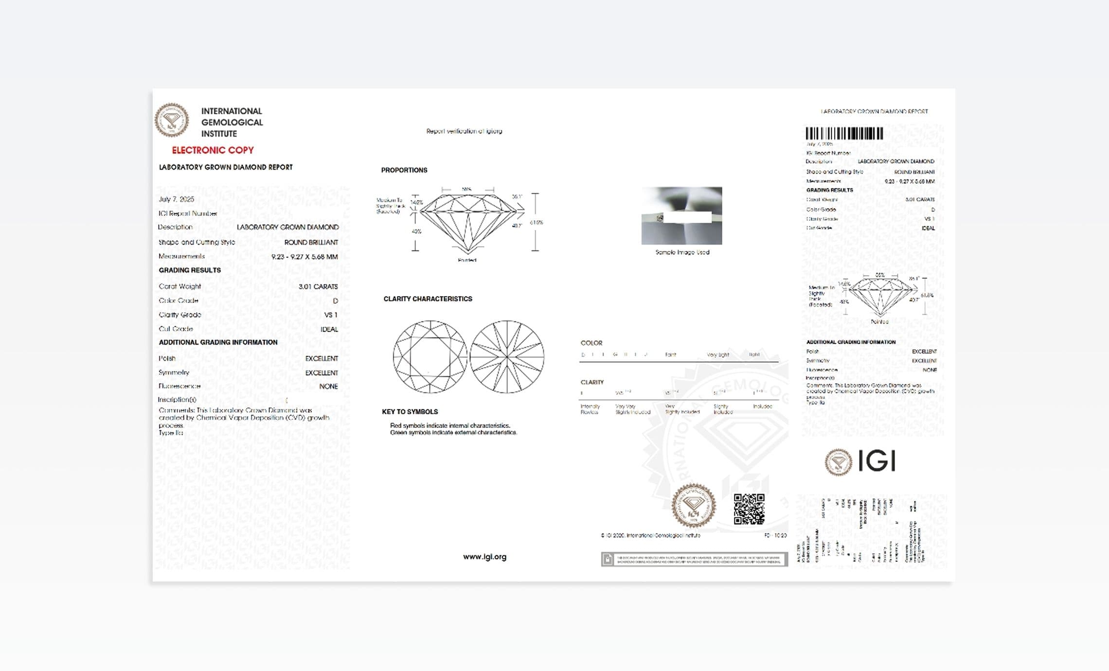 Example IGI laboratory-grown diamond grading report